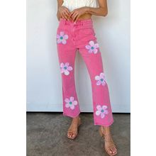 Pink Flower Patterns Raw Hem Flare Jeans