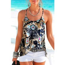 Beige Floral Spaghetti Straps Strappy Back Tank Top