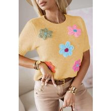 Yellow Cream Cute Flower Applique Short Sleeve Sweater
