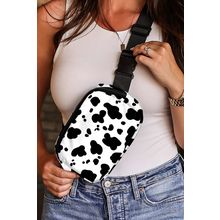 White Cow Pattern Print Buckle Wide Belt Inclined Shoulder Bag