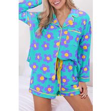 Green Flower Print Long Sleeve Shirt Shorts Pajamas Set
