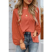 Russet Orange Swiss Dot Balloon Sleeve Loose Blouse