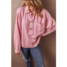 Pink Ribbed Knit Collared Henley Top with Chest Pocket