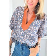 Ashleigh Blue Leopard Print Spot Contrast V Neck Half Puff Sleeve Shirt