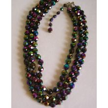 Vintage 3 Strand Carnival Glass Peacock Austrian Bead Necklace Hook Clasp