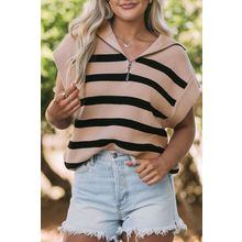 Khaki Stripe Zipped Collar Short Sleeve Sweater