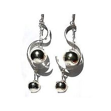 Sterling Silver Double Ball within S curve Dangle Earrings