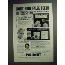 1943 Polident Ad - Don't Ruin False Teeth By Brushing