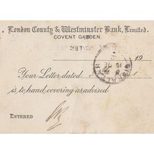 London Westminster Bank Covent Garden 1911 Receipt Postcard