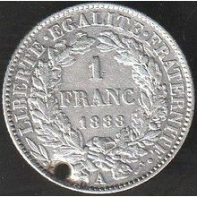 1888 A France 1 Franc Silver Coin