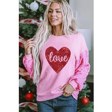Pink Shiny Heart Shape love Print Sequined Sleeve Sweatshirt