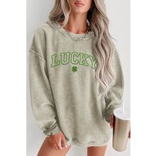 Green LUCKY Clover Embroidered Corded Crewneck Sweatshirt