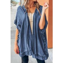 Dusk Blue Chambray Ruffle Hem Half Sleeve Open Loose Kimono