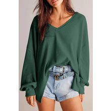 Blackish Green Waffle V Neck Long Sleeve Drop Shoulder Loose Blouse