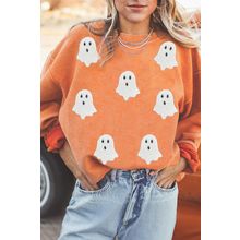 Orange Twisted Ribbed Texture Halloween Ghost Sequin Patched Sweatshirt