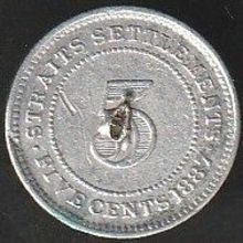 1887 Malaya Straits Settlements 5 Cents Silver Coin