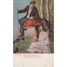 Man Flirting On Giant Mushroom Toadstall German Old Postcard