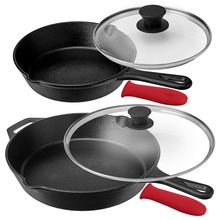 MegaChef Pre-Seasoned 6 Piece Cast Iron Skillet Set with Lids and Red Silicon...