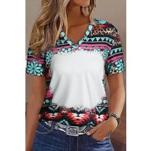 Green Western Print Bleached V Neck Short Sleeve Top