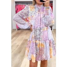 Multicolour Floral Smocked Mock Neck Ruffled Tiered Bubble Sleeve Dress