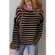 Black Stripe Drop Shoulder Round Neck Loose Sweater