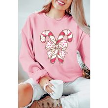Pink Christmas Bow Candy Cane Graphic Drop Shoulder Crew Neck Sweatshirt