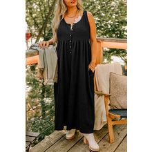 Black Plus Size Sleeveless Button Front Loose Jumpsuit