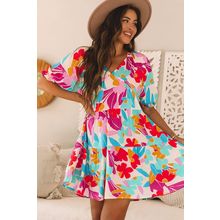 Rose Red Floral Bubble Sleeve V Neck Tiered Ruffle Babydoll Dress