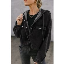Black Big Chest Pocket Drop Shoulder Hooded Denim Jacket
