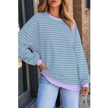 Blue Stripe Contrast Ribbed Trim Crossed Stitch Drop Shoulder Sweatshirt