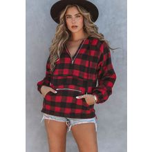 Red Buffalo Plaid Zipped Front Pocketed Hoodie