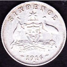 1916 M Australia 1 Sixpence coin