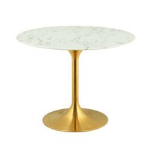 40" White Round Pedestal Stem Dining Table Gen. Stone Faux Marble Top Gold Base