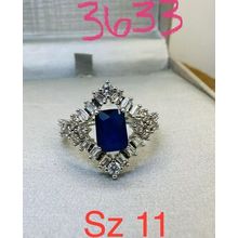 Ring Bomb Party Sz11 RBP Dark Blue Gem W/Colorless Gem Clusters & Rhodium P Band