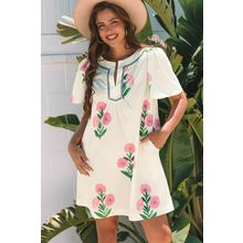 Apricot Floral Short Sleeve Split Neck Loose Mini Dress