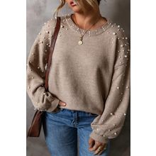 Smoke Gray Pearled Drop Shoulder Plus Size Sweater