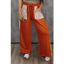 Gold Flame Plus Size Floral Crochet Patch Drawstring Wide Leg Pants