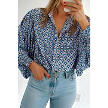 Sky Blue Abstract Print Shirred Cuff Buttoned Oversized Shirt