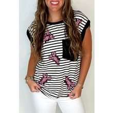 Black Stripe Sequined Lobster Patched Pocket Casual Tank Top