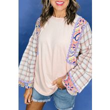 Delicacy Ricrac Trim Floral Plaid Patchwork Puff Sleeve Blouse