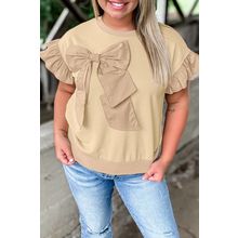 Parchment Ruffled Short Sleeve Bowknot Applique Crew Neck Plus Size Top