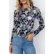Black Floral Print Mesh Fitted Long Sleeve Top