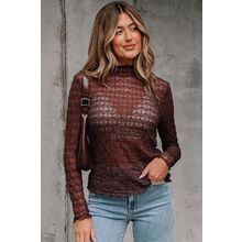 Coffee Sheer Mesh Patterned Lettuce Trim Slim Long Sleeve Top