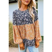 Blue Floral Color Block Patchwork Ruffled Hem Round Neck Blouse