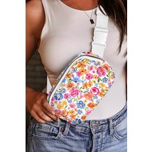White Flower Print Buckle Wide Strap Crossbody Bag