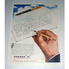 1945 Parker 51 Pen Ad - Writes Dry with Wet Ink