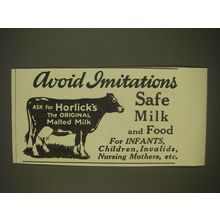 1926 Horlick's Malted Milk Ad - Avoid imitations safe milk and food