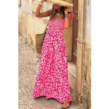 Pink Leopard Ruffle Straps Smocked High Waist Long Dress