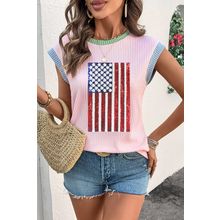 Pink Colorblock Edge Twisted Rib Texture Sequin American Flag Casual T Shirt