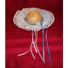TOY 6.5 INCH DOLL WITH WHITE/LIGHT GREEN LACE AND MULTI COLOR RIBBON STRAW HAT